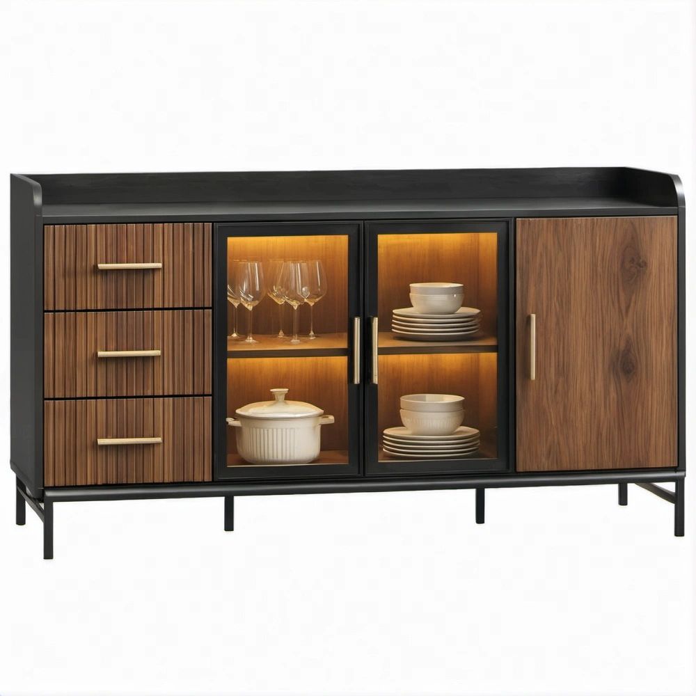 Aparador Retangular em Nogueira e Preto com Vidro, 180 x 45 x 90 cm