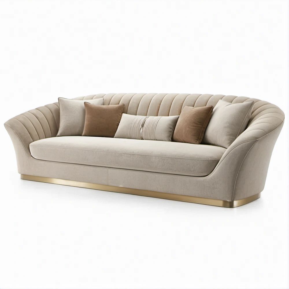 Sofá Curvo de 3 Lugares em Veludo Bege com Base Dourada, 230 x 95 x 78 cm