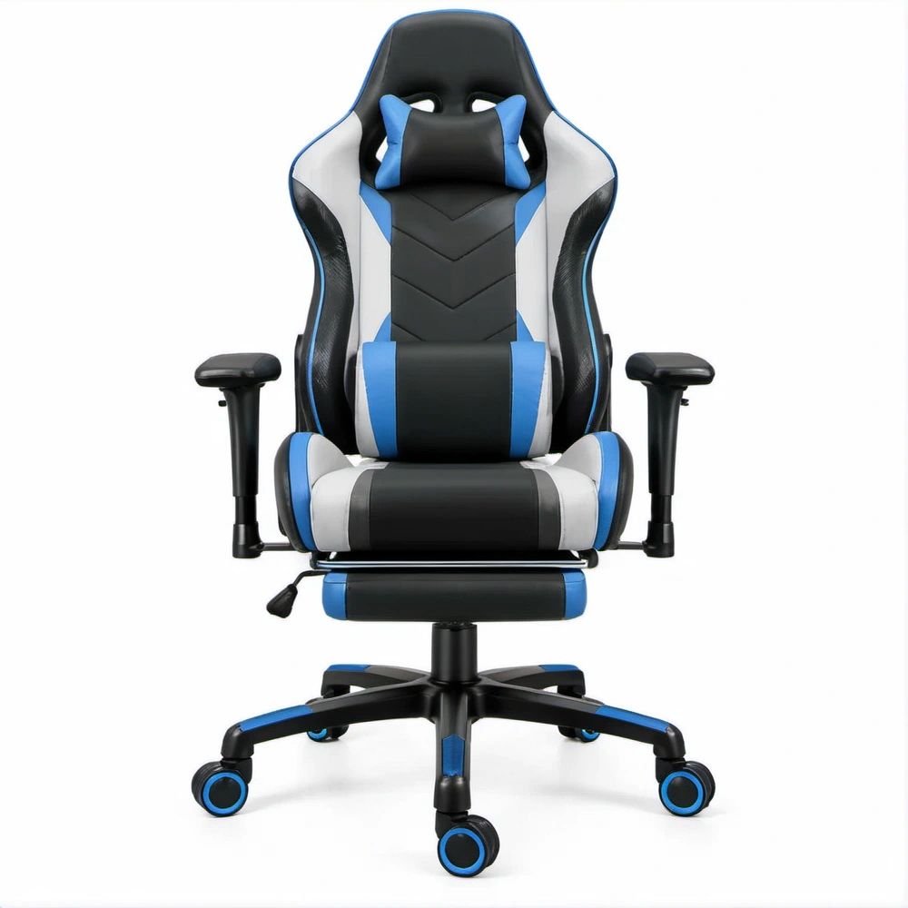 Cadeira Gaming Ergonómica Reclinável Preta, Azul e Branca em Pele Sintética PU 66 x 70 x 124-134 cm