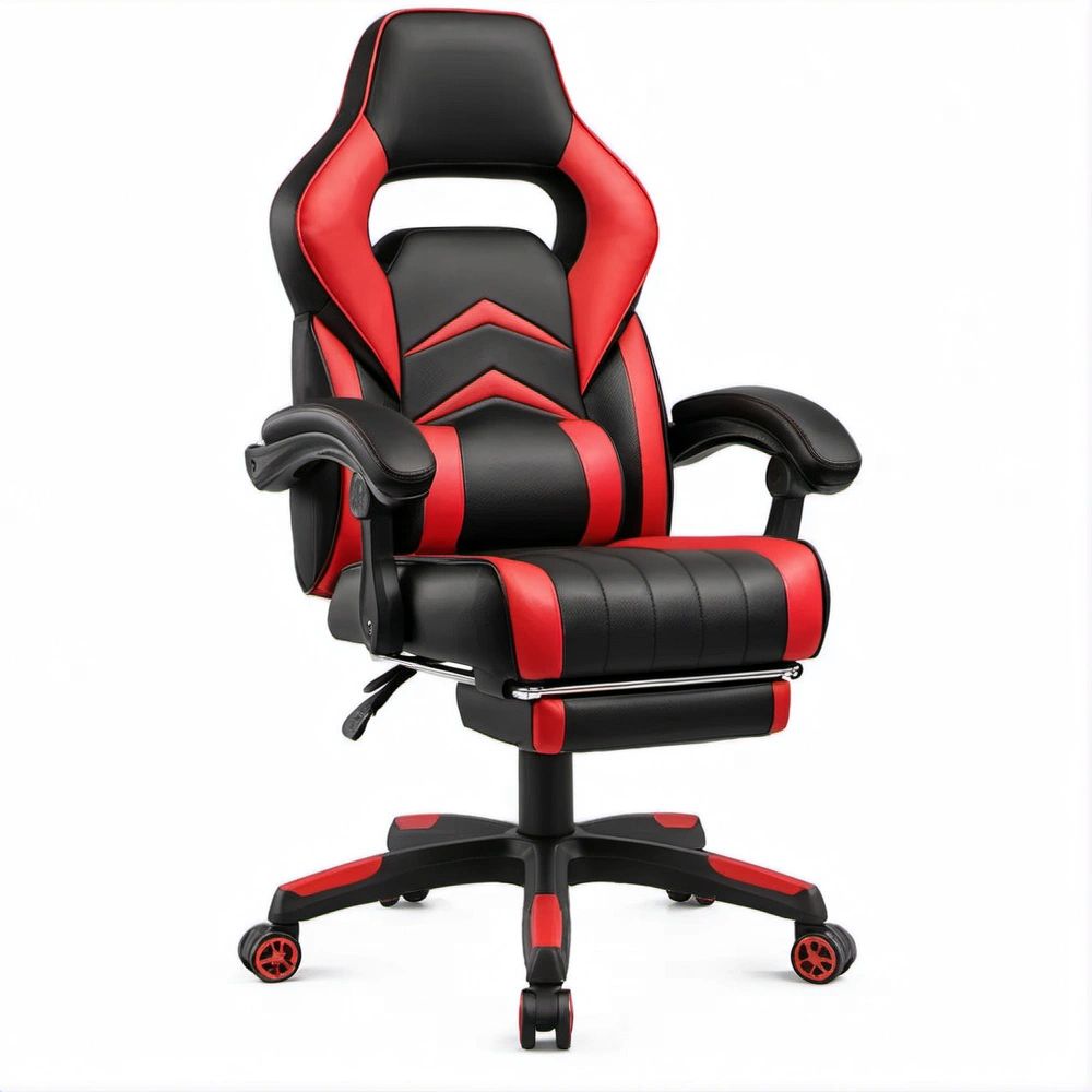 Cadeira de Gaming Ergonómica Reclinável Preta e Vermelha em Pele Sintética PU com Apoio para Pés, 66 x 66 x 118-128 cm