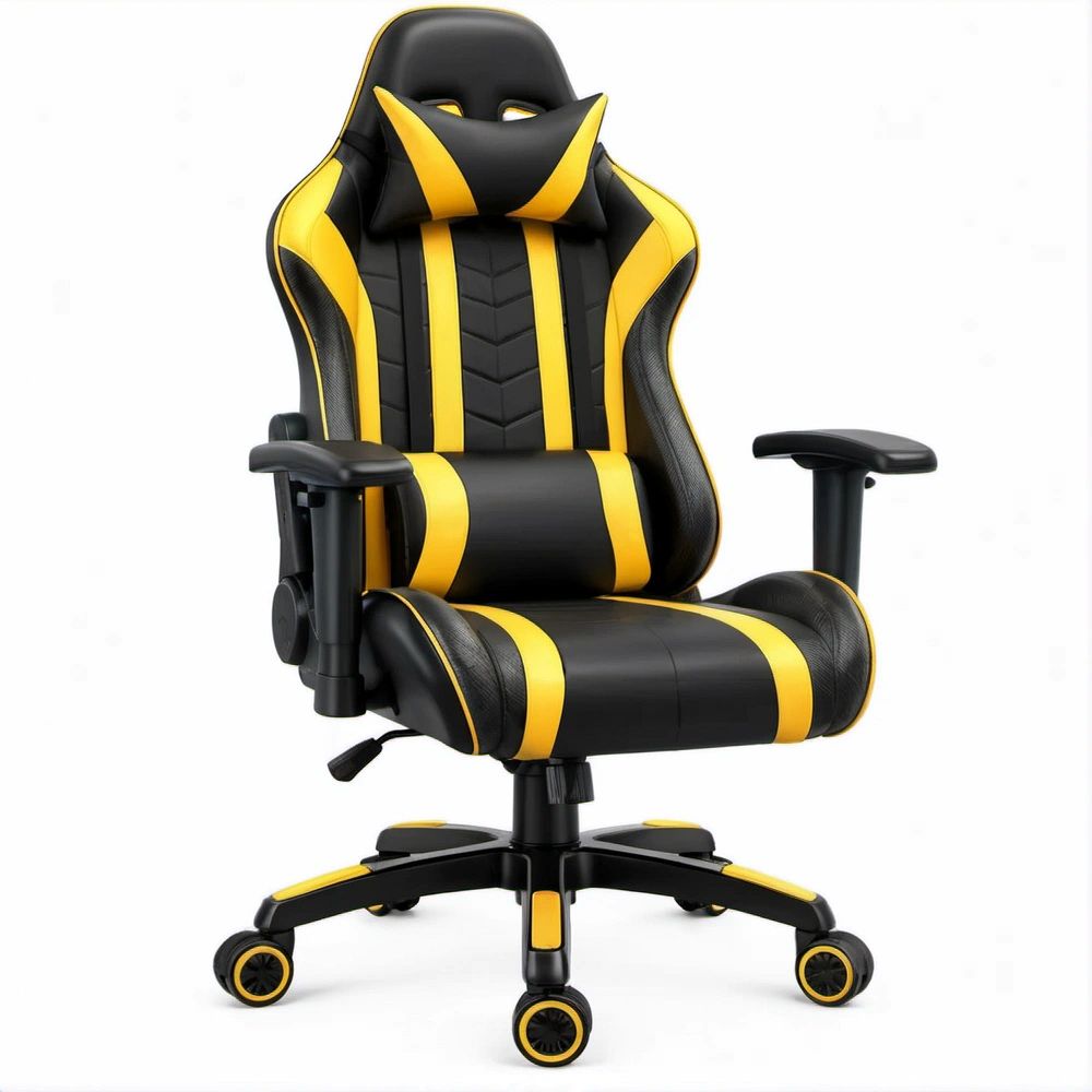 Cadeira Gaming Ergonómica Reclinável Preta e Amarela em Pele Sintética PU, 66 x 66 x 118-128 cm