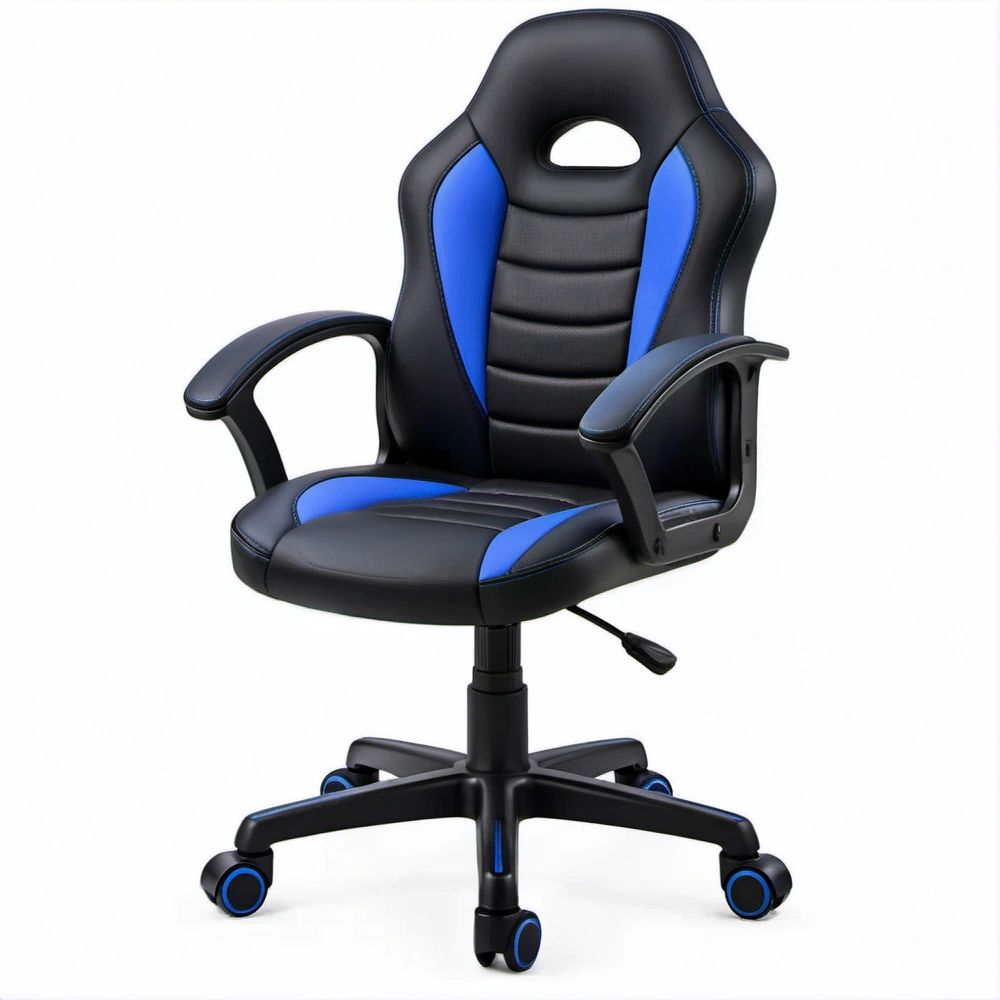 Cadeira Gaming Giratória de Encosto Alto em Pele Sintética PU Preta e Azul, 60 x 60 x 112-122 cm