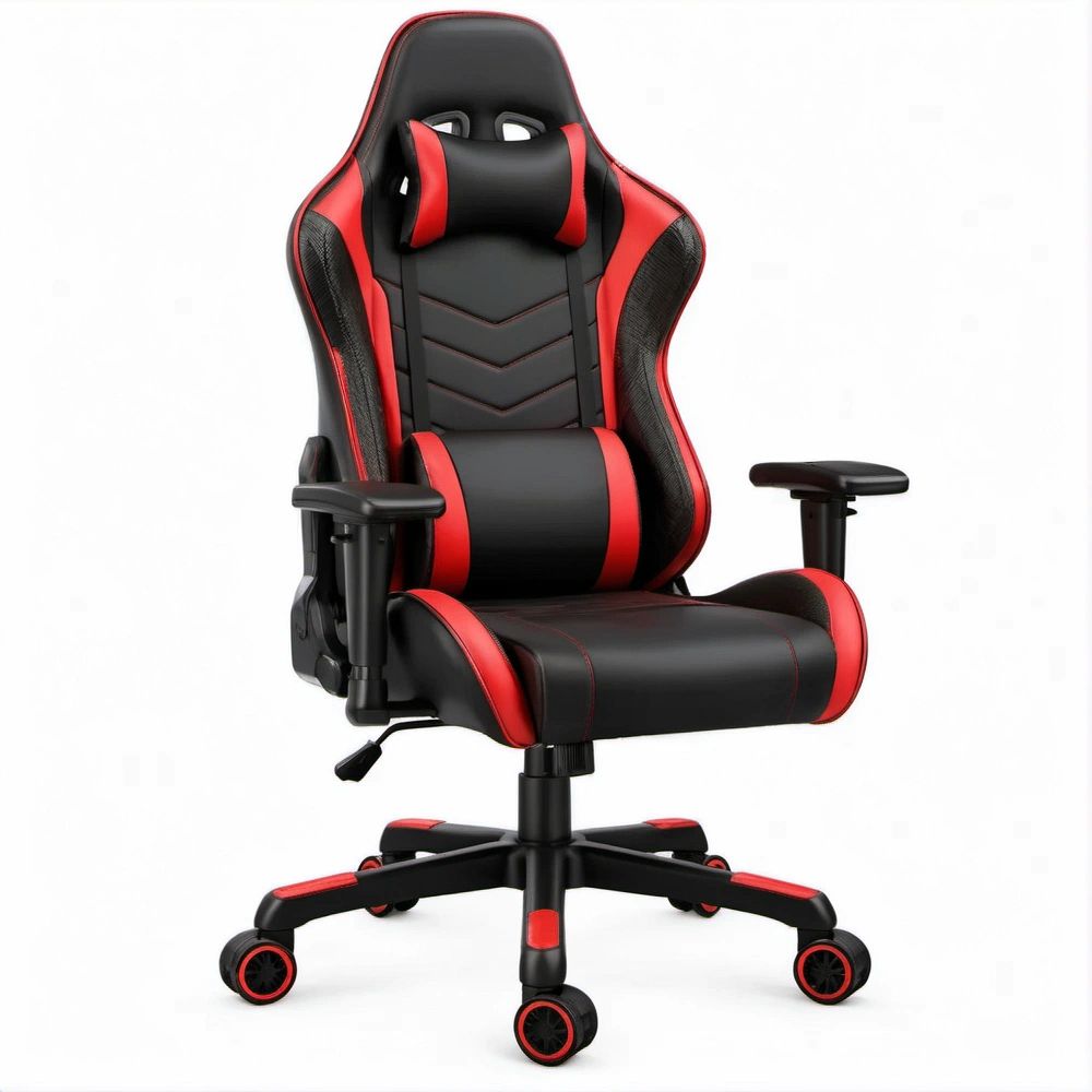 Cadeira Gaming Ergonómica Reclinável Preta e Vermelha em Couro Sintético PU, 66 x 65 x 120-130 cm