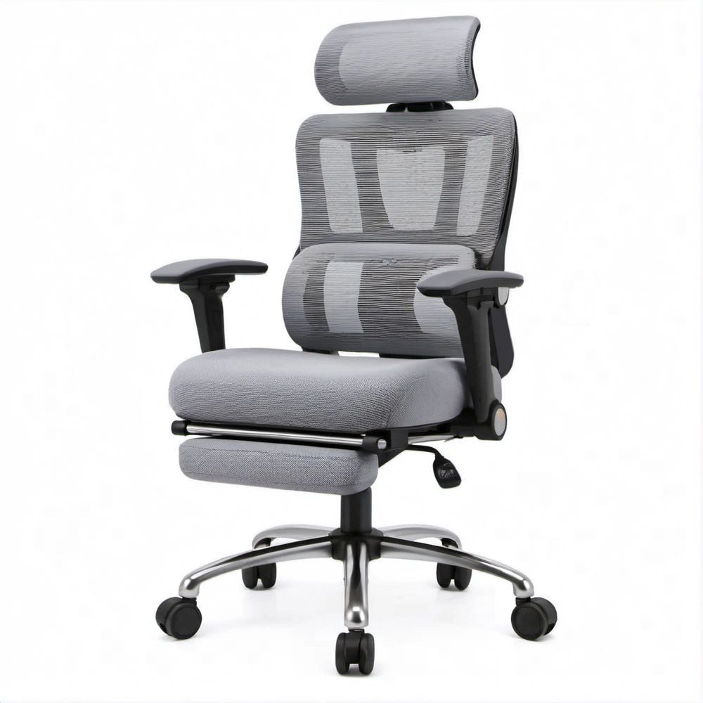 Cadeira Ergonómica Giratória Cinzenta, Preta e Prateada com Apoio de Pés 68 x 68 x 118-128 cm