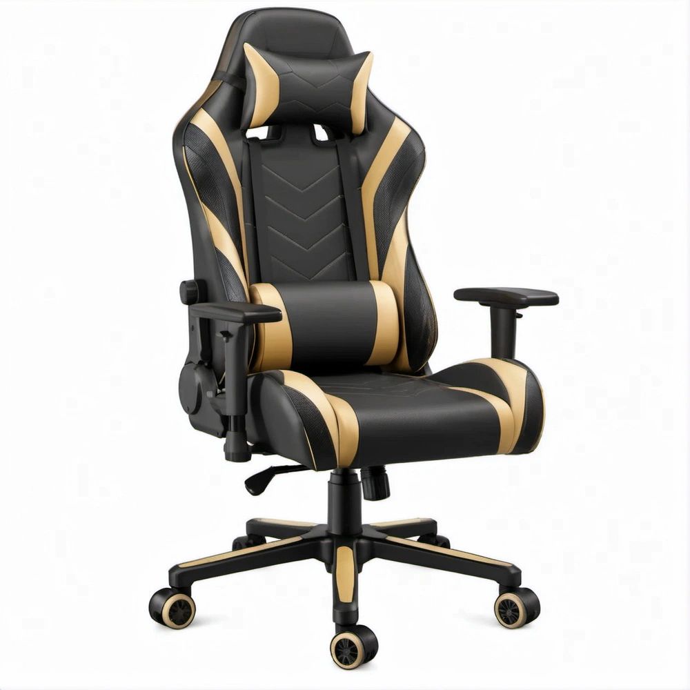 Cadeira Ergonómica Reclinável Preta e Dourada em Pele Sintética PU, 66 x 68 x 120-130 cm
