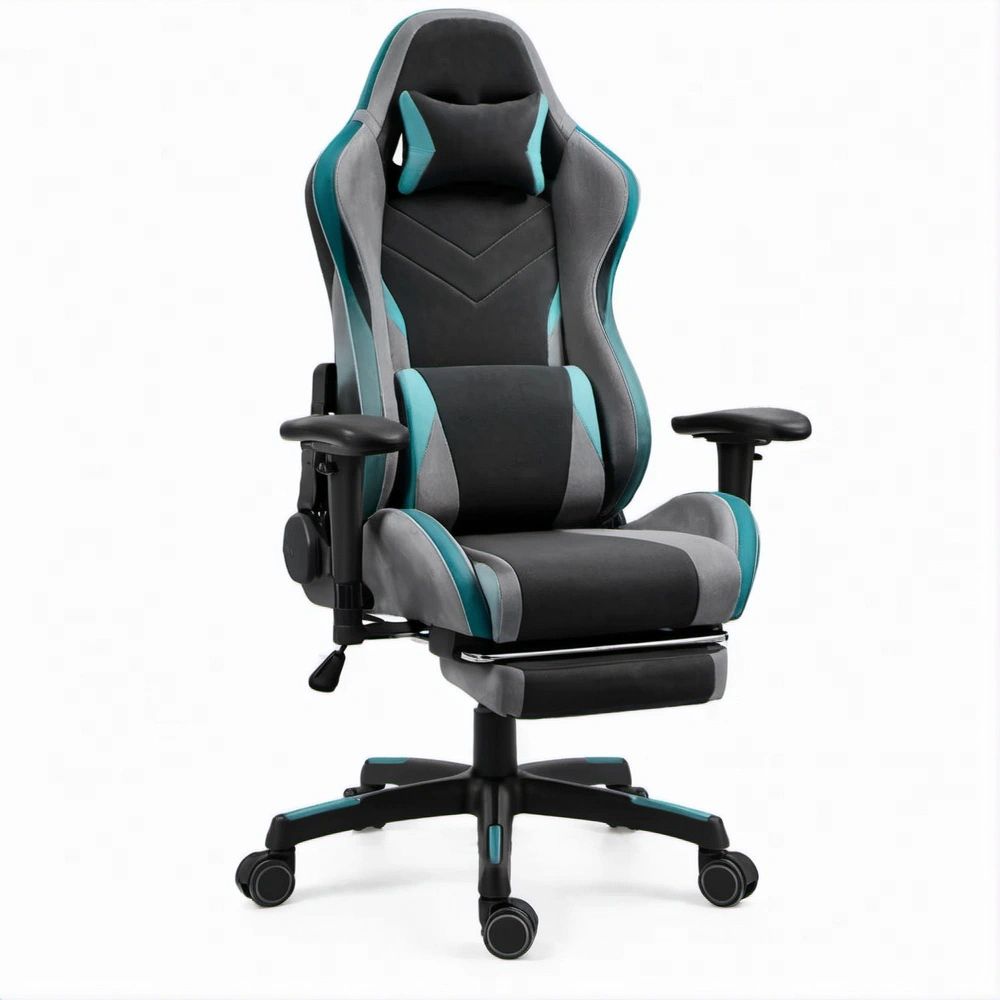 Cadeira Gaming Reclinável em PU Preta, Cinzenta e Turquesa 65 x 65 x 120-130 cm com Apoio de Pés