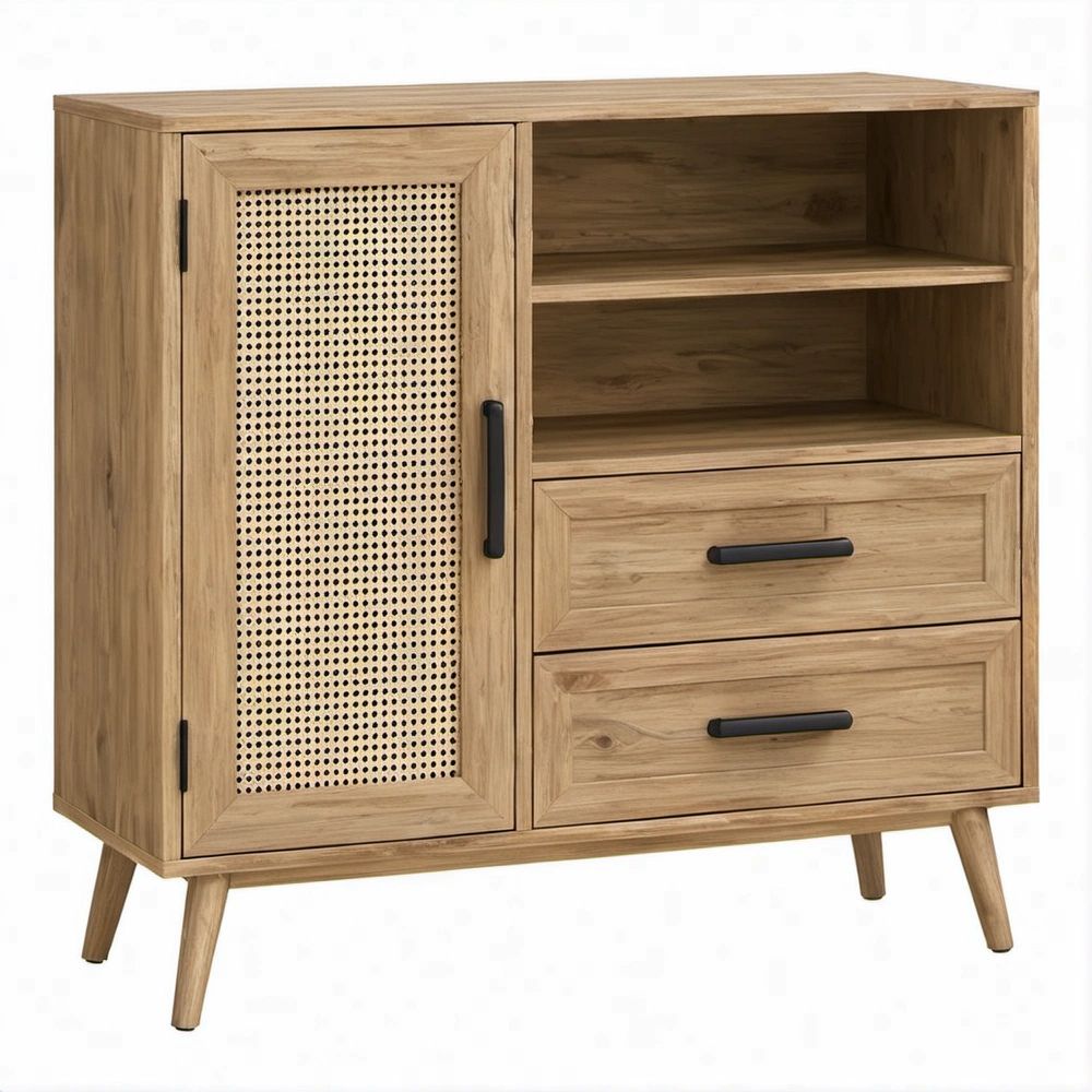 Aparador em Madeira Maciça de Acácia com Rattan Natural, 100 x 40 x 120 cm