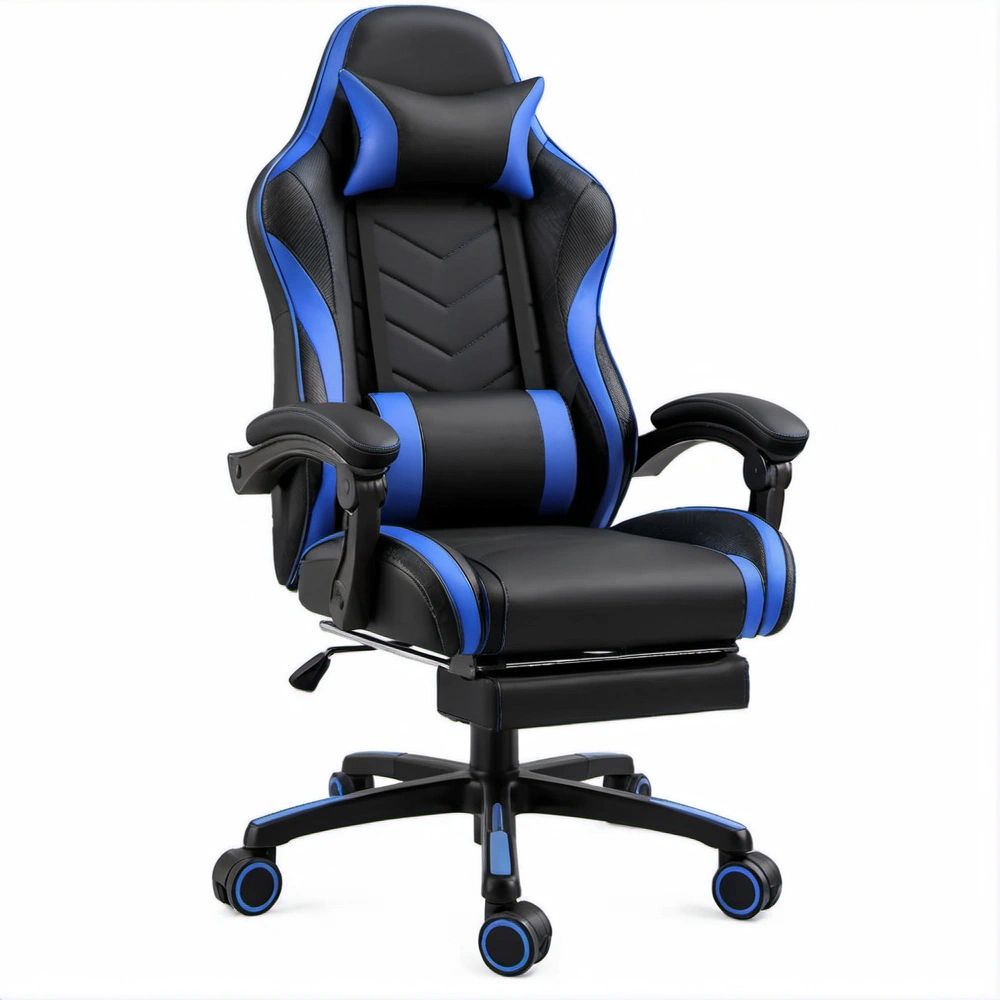 Cadeira Gaming Ergonómica Reclinável Preta e Azul em Couro Sintético PU, 66 x 66 x 125-135 cm