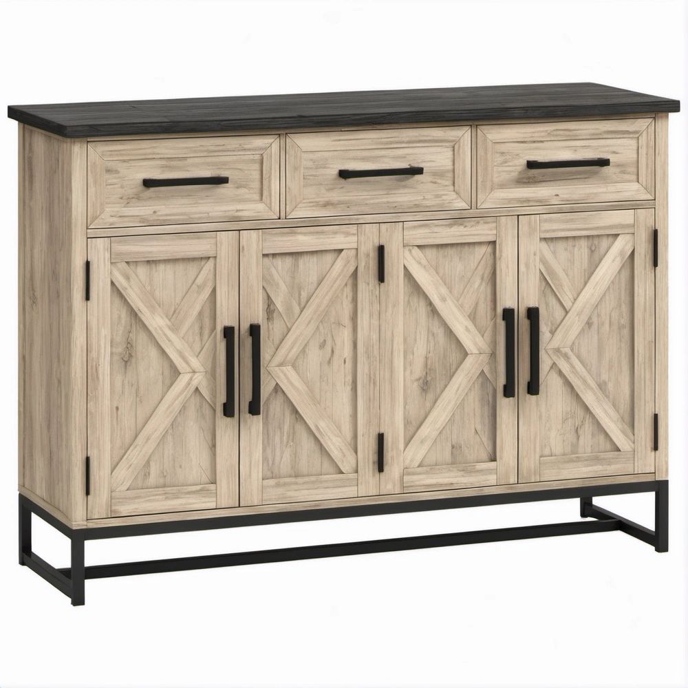 Aparador Retangular em MDF com 3 Gavetas e 4 Portas, Bege Claro e Preto, 152,4 x 45,7 x 91,4 cm