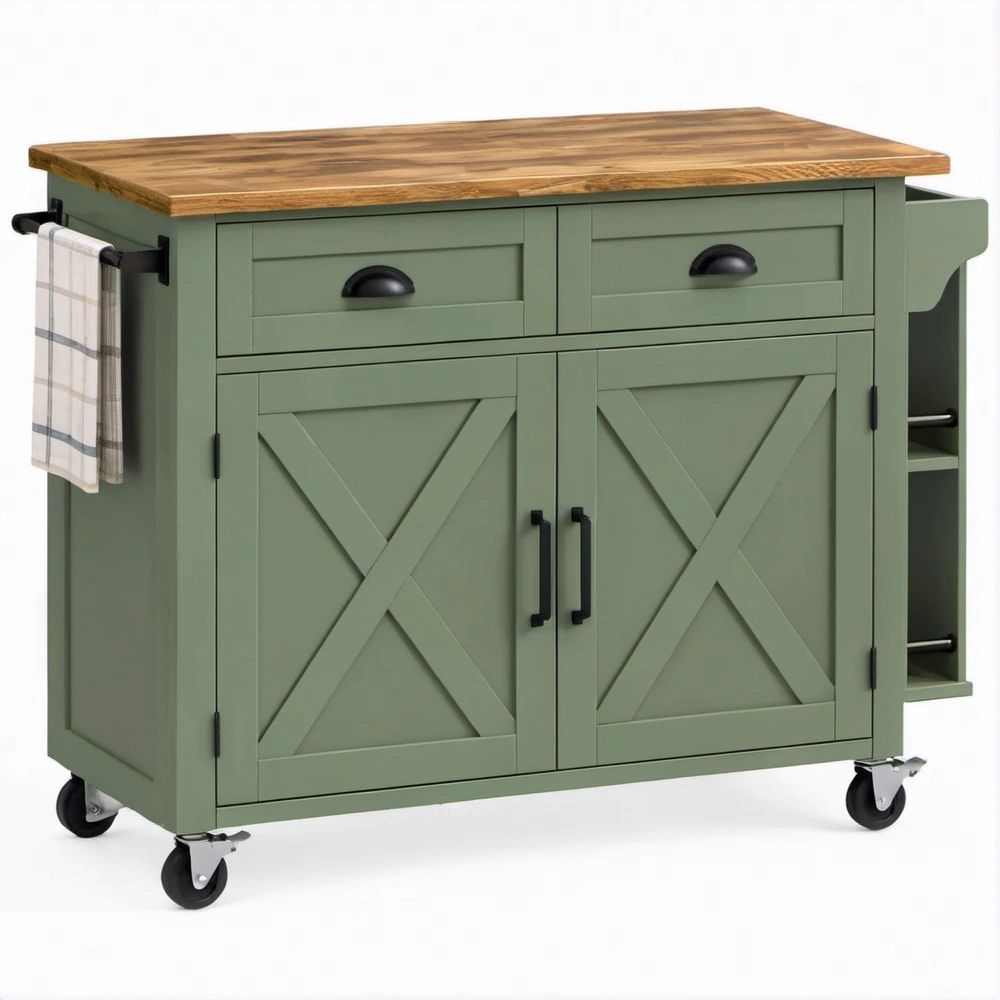 Aparador de Cozinha com Rodas Verde e Castanho Natural 112 x 46 x 91 cm