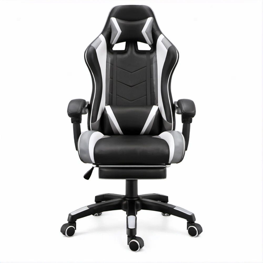 Cadeira Gaming Ergonómica em Couro Sintético PU Preta, Branca e Cinzenta 65 x 65 x 118-128 cm