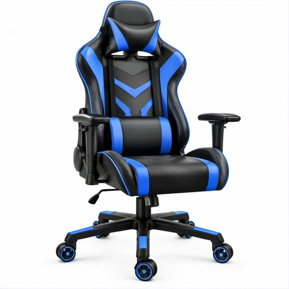Cadeira Gaming Reclinável Preta e Azul em Pele Sintética PU 66 x 66 x 123-133 cm